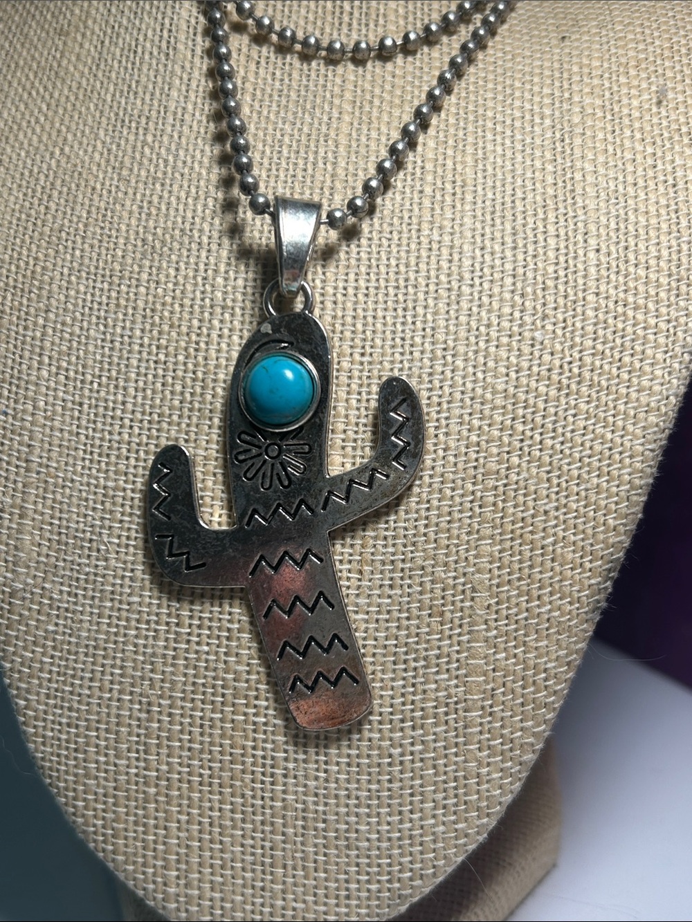 Southwestern Turquoise Cactus Pendant Necklace - Silver Tone - Picture 2 of 11
